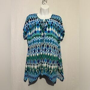 Cato Blue Green Ikat Print Short Sleeve Blouse Women’s Large